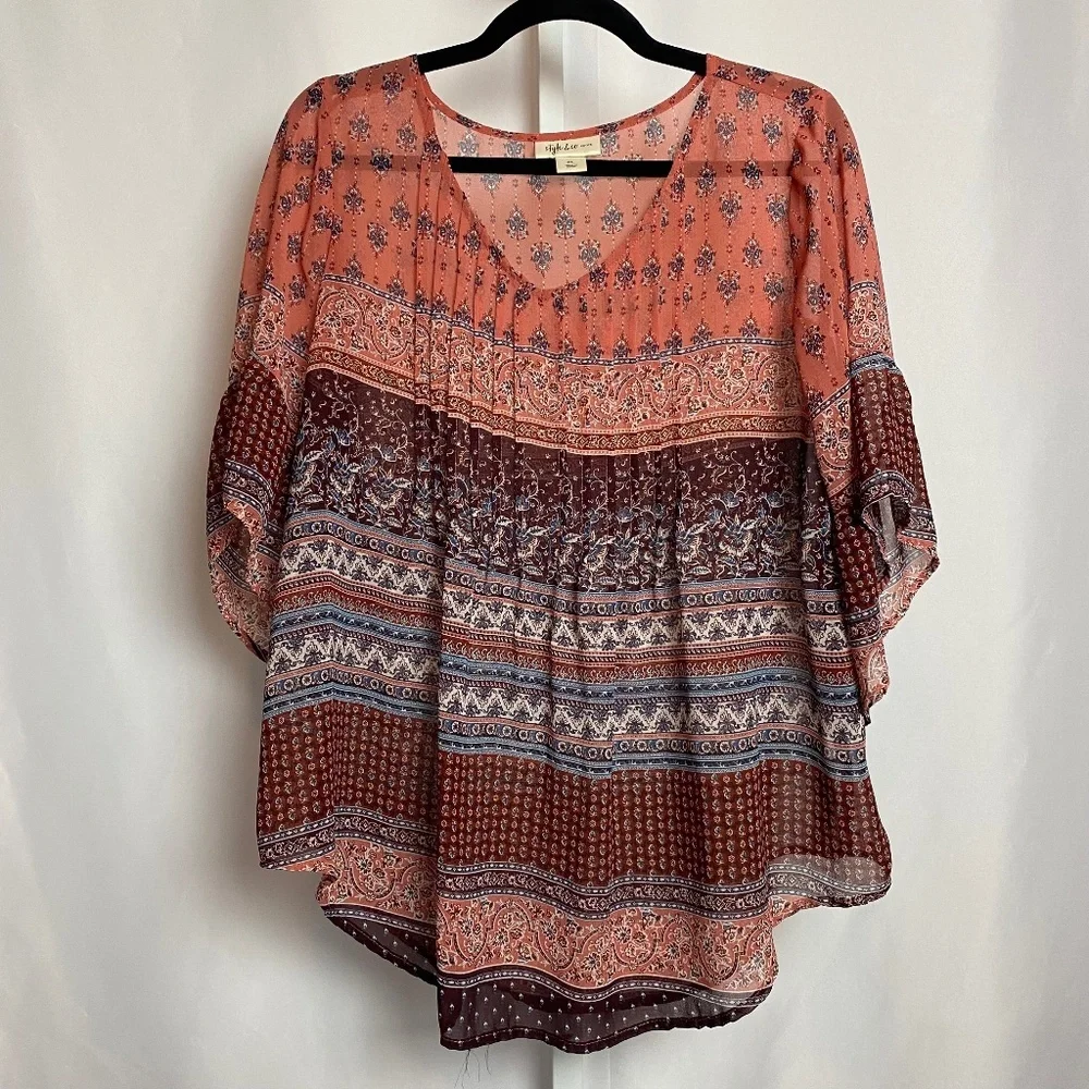 Style & Co Womenʻs Burgundy Pleated Bell Ruffle Sleeve Boho Top Petite Large